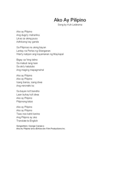 ako ay pilipino song lyrics|Kuh Ledesma .
